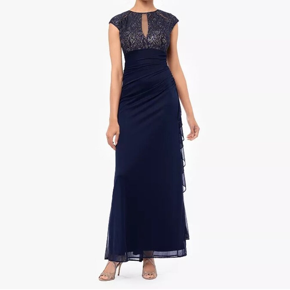 New BA Nites Lace Top Sheer Matte Jersey Ruffle Evening Dress size 14 $139